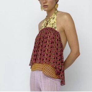ZARA Boho Halter Style Multicolor Patchwork Top Size Small